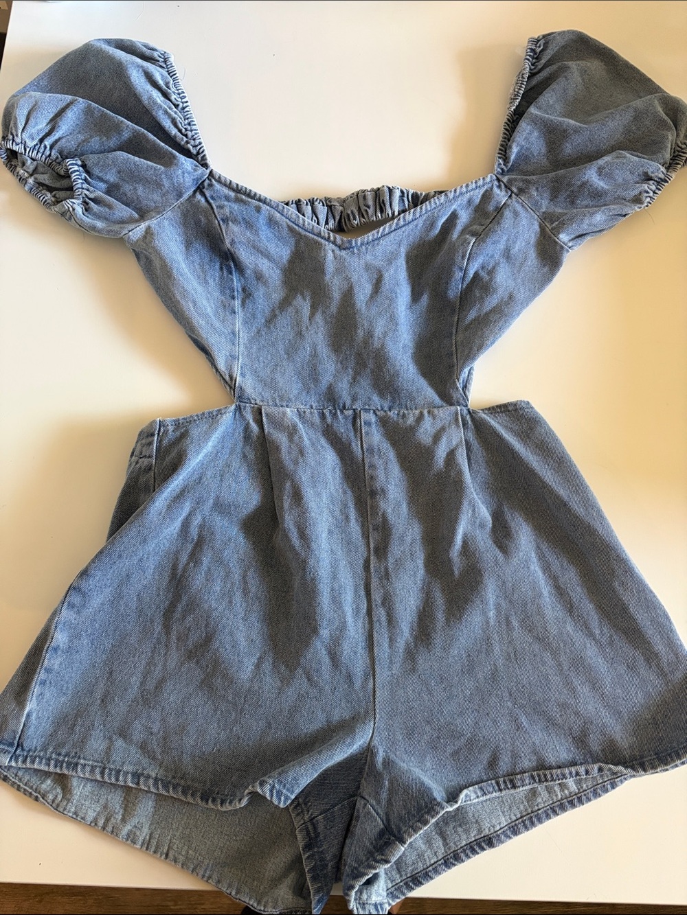 Blue Blush Light Blue Denim-Look Puff Sleeve Romper